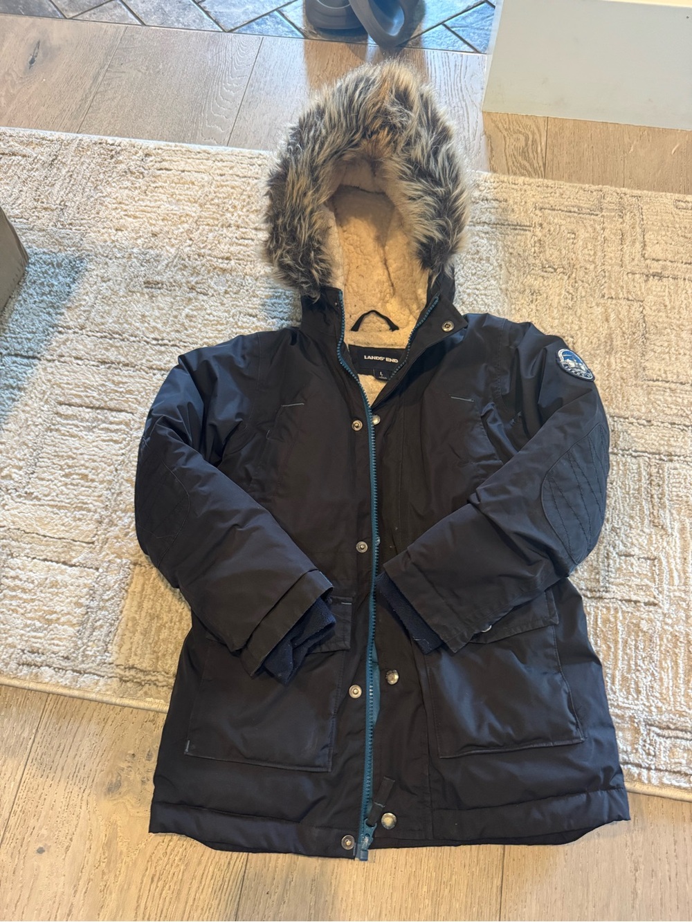 Lands' End Black Hooded Puffer Coat with Faux Fur Trim
